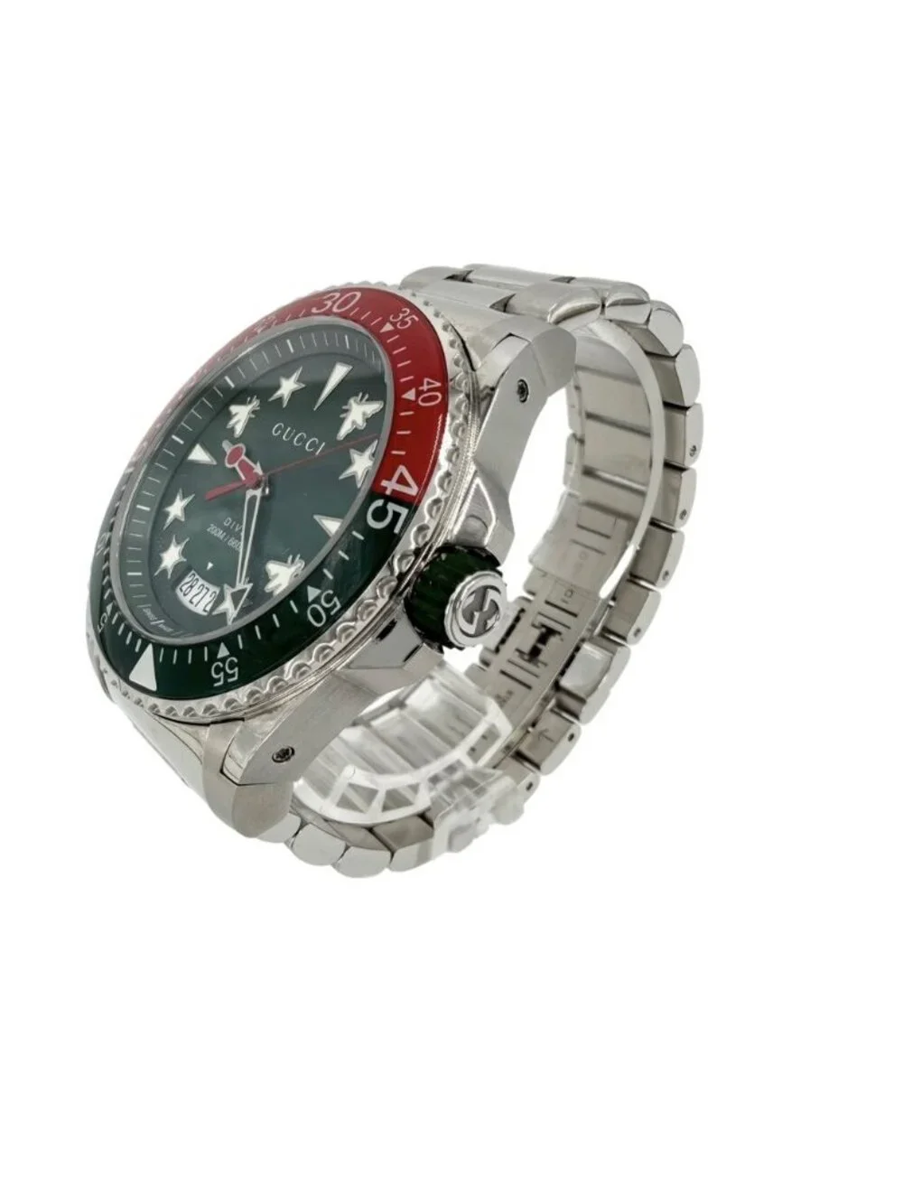 Gucci Big Financial Watch Date Dive Quartz Green Dial Stainless Steel Silver